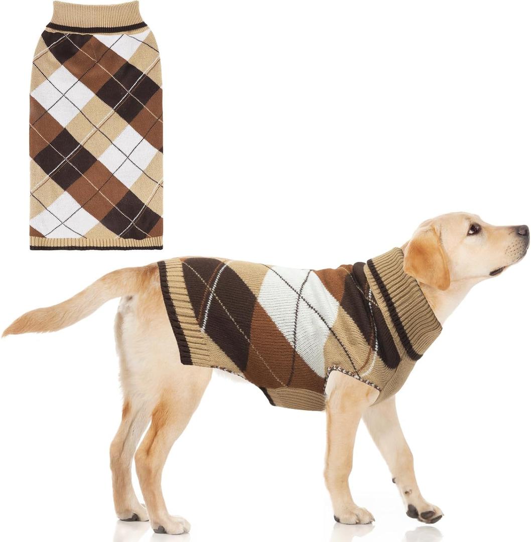 KOOLTAIL Dog Sweater Pet Knitted Clothes - Classic Plaid Pullover Turtleneck Thick Warm Fall Dog Sweaters with Leash Hole, Soft Dog Winter Clothes for Small Medium Large Dogs Cats Puppy Girls Boys, L (Khaki)