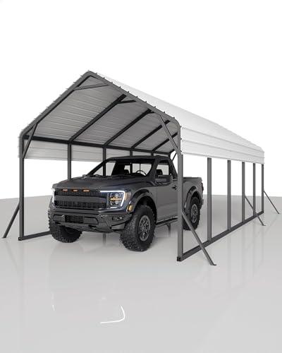 13x26FT Metal Carport, Heavy Duty Steel Frame Garage Shelter with 50x50mm Posts & Side Reinforcement Beams, Outdoor Car Canopy for Vehicle Protection(Grey)