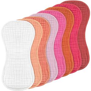 Frienda 8 Pieces Muslin Burp Cloths for Baby Cotton Burp Cloth 10 x 20 Inches Multi Colors Muslin Washcloths Diapers 4 Absorbent Layers Newborn Face Towels for Baby Boy Girl Unisex (Sweet Color)