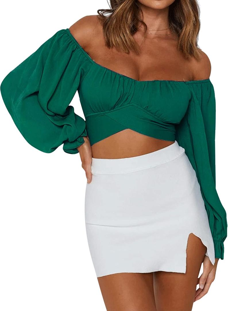 LYANER Women's Cute Off Shoulder Long Sleeve Self Tie Knot Crop Tube Top Blouse (Green, S)