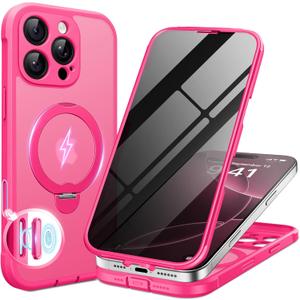 BERFY for iPhone 16 Pro Case, Compatible with MagSafe, Built-in Privacy Screen Protector and 360 Spin Magnetic Stand, Anti-Spy Full Body Shockproof Phone Case for 16 Pro 6.3", Matte Hot Pink