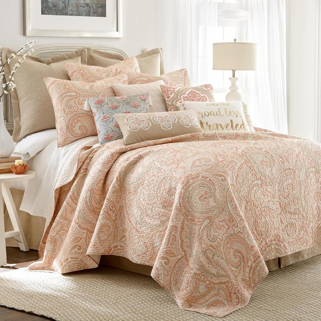 Levtex Home - Spruce Coral Quilt Set - King/Cal King Quilt (106x92in.) + Two King Pillow Shams (36x20in.) - Paisley Pattern in Coral and Tan - Reversible - Cotton