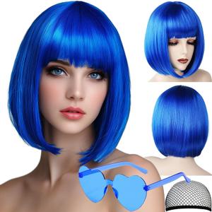 Bob Wig, 12 Inch Short Blue Bob Wig with Bangs,Straight Cosplay Wig,Heat Resistant,Adjustable Straps Wigs for Women Girl with Wig Cap