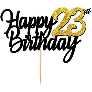 Happy 23rd Birthday Cake Toppers Glitter 23rd Anniversary Cake Topper 23 Years Loved Bday Decorations 23 Gold Birthday Cake Decorations Twenty-three Party Supplies for Women Men(Black Gold)