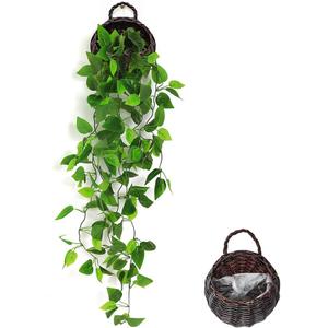 ANZOME Artificial Hanging Plants with Basket, 3.5ft Faux Ivy Vine for Wall Decor, Real-Touch Fake Greenery for Bedroom Aesthetic, Farmhouse Woven Wood Pot & Hooks Included (Indoor/Outdoor Ready) (Dark Brown+chain Ivy)
