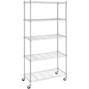 Whitmor 5 Tier Shelving Unit, Adjustable Storage Shelves with Wheels, 400 lbs Capacity per Shelf, Max 2000 lbs Total for Pantry, Kitchen, Garage, 30" L x 14" W x 60" H, Chrome