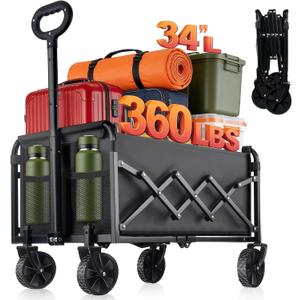 Collapsible Foldable Wagon Cart with Wheels - 360LBS Heavy Duty Folding Wagon Carts, Portable Lightweight Utility Wagon with All-Terrain Wheels & 2 Cup Holders, Grocery/Beach/Sports/Shopping/Black