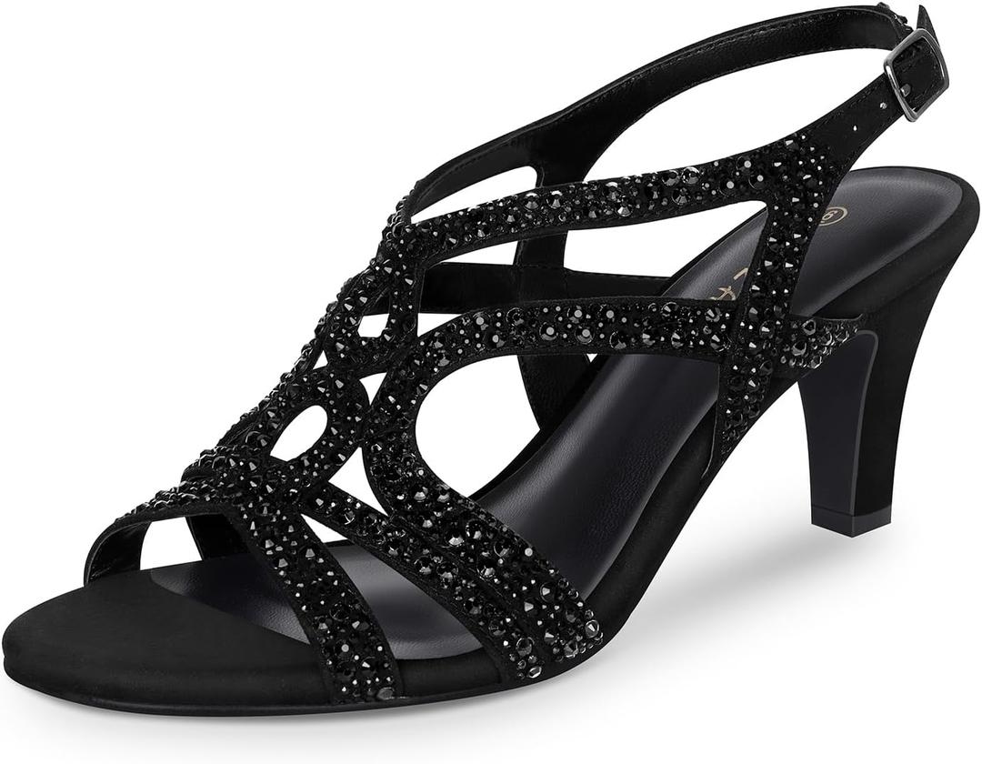 PIZZ ANNU Women's Amelia Heels Sandals Sparkle Crystal Open Toe Slingback High Heel Sandals Dress Pumps Shoes for Party Wedding (9.5, Black)