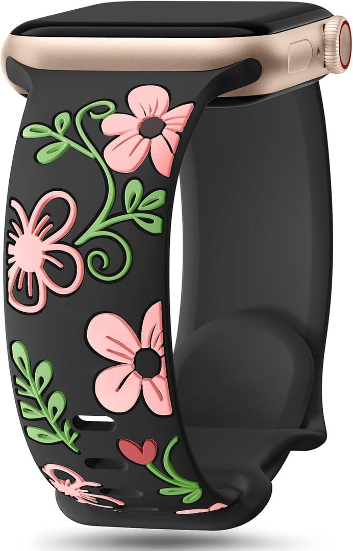 Witzon Floral Band Compatible with Apple Watch Bands For Women 40mm 41mm 38mm 42mm, Engraved Cute Flower Silicone Dressy Strap for iWatch Series 11 10 9 8 7 6 5 4 3 2 SE Ultra