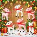 Chunful 6 Pcs Mini Christmas Reindeer Ornaments 2.4" Miniature Vintage Plastic Reindeer with Bow Xmas Pink White Deer Standing Hanging Micro Landscape Figurines for Fairy Garden Dollhouse Decoration