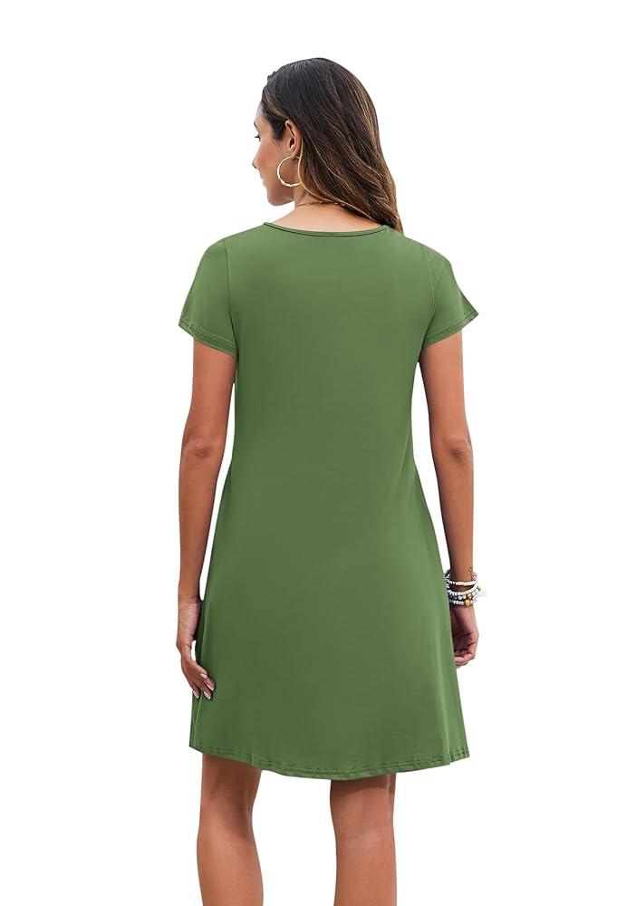 PLOKNRD Women's Casual Dress Summer Short Sleeve T-Shirt Dress Crew Neck Basic Dresses 2025 (L, Green)