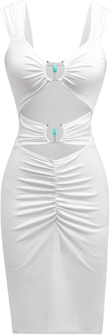 Milumia Women's Cut Out Ruched Dress Ring Sleeveless Bodycon Midi Dresses Wedding Guest Party Outfits (White)