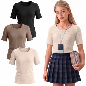 3 Pack Girls Ribbed T-Shirts | Short Sleeve, Crewneck, Slim Fit, Stretchy, Soft, Athletic, Basic Tees, Summer, Kids 5-14 Years