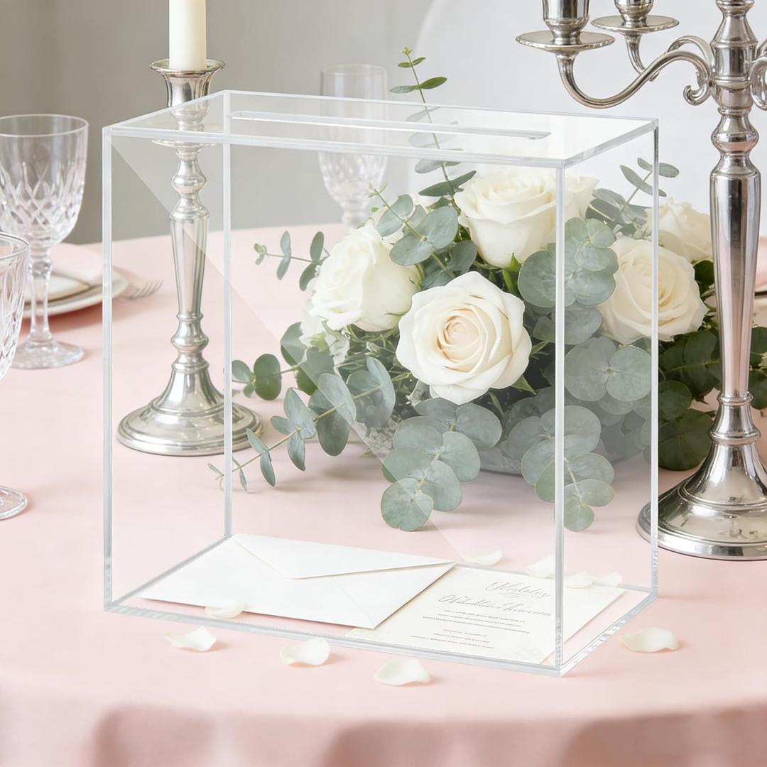 Teruntrue Clear Acrylic Wedding Card Box with Slot, Thick DIY Card Box Blank No Print, Large 10x10x5.5 Inch, for Wedding Reception Party Graduation Fundraiser Money Gift Holder Keepsake Decoration