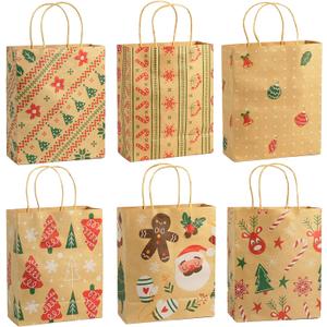 Ogrmar 24 PCS Christmas Gift Bags Kraft Holiday Wrapping Paper Bags with Christmas Prints for Holiday Party Favors Xmas Gift Box Packaging