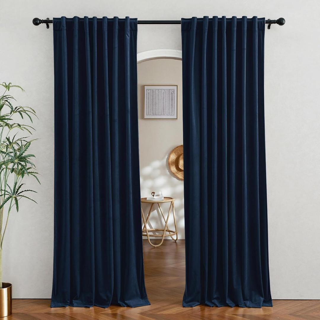 RYB HOME Velvet Curtains 90 inches Length, Back Tab & Rod Pocket Soft Fabric Curtains & Drapes for Bedroom Room Divider, Navy Blue, W 62 x L 90, 2 Panels Set