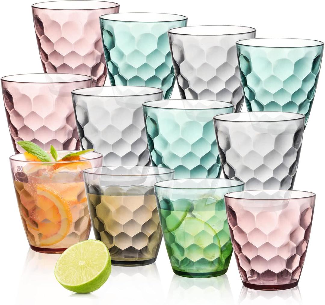 Lawei Pack of 12 Plastic Water Tumblers, 10 Oz Unbreakable Premium Drinking Glasses, Stackable Acrylic Reusable Juice Wine Cups for Dinner, Home, Restaurants, BPA Free