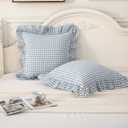Silnuo Light Blue Plaid Ruffle Throw Pillow Covers Set of 2,Washed Cotton Shabby Checkered Gingham Pillow Shams Decorative Shams 24"x24" for Sofa,Couch,Liviing Room