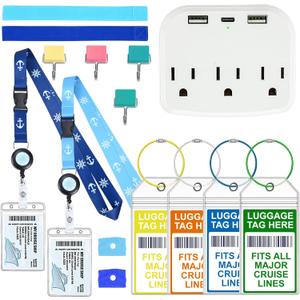 15 Pcs Cruise Essentials Accessories Kit Must Haves Set Include Non-Surge Power Strip, Retractable Cruise Lanyards for Ship Card, Luggage Tags Holder, Towel Bands, Anti Nausea Wristband, Magnetic Hook