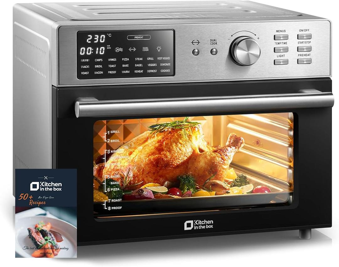 Kitchen in the box 32QT Extra Large Air Fryer Toaster Oven Combo, 21-in-1 Countertop Convection Toaster Oven with Rotisserie and Dehydrate, 6 Accessories, 1800W Dual Cook Preset (Silver), 15.8"d X 17.8"w X 13.4"h