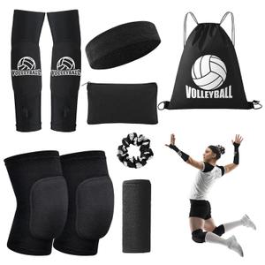 Volleyball Knee Pads Volleyball Arm Sleeves, Volleyball Accessories Set with Knee Pads Arm Pads Sweatband Scrunchie Makeup Bag Cooling Towel and Drawstring Bag for Women Girls Youth