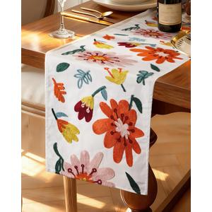 Canvas Embroidered Table Runner - 13x72 Inch Spring Floral Runner for Table Decor Boho Farmhouse Retro Kitchen Dining for Home Party Living Room Decor, Colorful Flowers