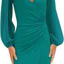 ZESICA Women's Wrap V Neck Bodycon Mini Dress Puff Long Sleeve Ruched Asymmetrical Hem Cocktail Party Short Dresses, Teal, XS