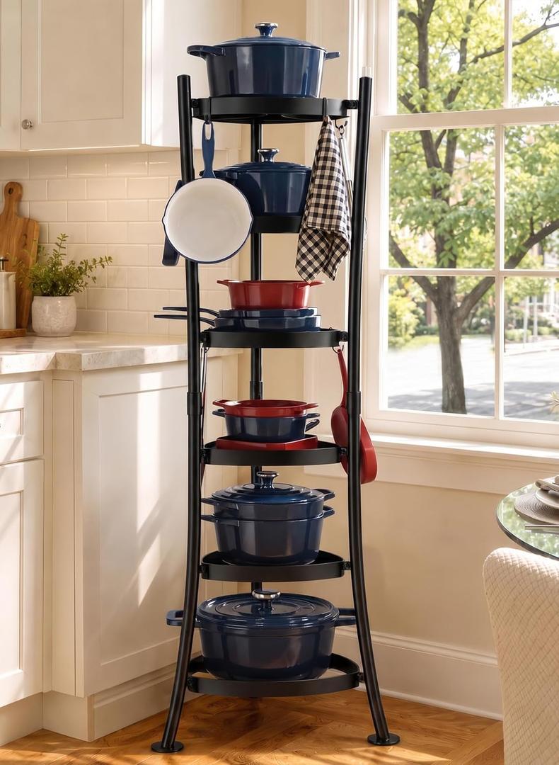 KES 264 Lbs Capacity Freestanding Pot Rack, 6-Tier Cast Iron Cookware Stand with 6 Hooks, Pots and Pans Storage Tower for Kitchen Corner, Stable Base, Anti-tip Strap & Floor Protectors, Black