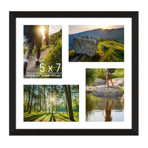 Black picture Lacopgr 5x7 Photo Collage Frame 4 Openings Wooden, Multi Picture Frame Collage 14x14 Gallery Wall Decor, Black Frame with White Mat, Wood