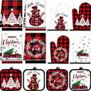 Pickmesh 12 Pcs Christmas Kitchen Towels and Oven Mitt Sets 4 Buffalo Oven Mitts 4 Snowman Dish Towels and 4 Plaid Pot Holders Xmas Tree Cooking Accessories for Winter Holiday Decoration Home Baking