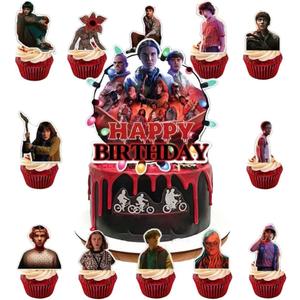 13 Pcs Stranger TV Cake Decorations with 12pcs Cupcake Toppers, 1pcs Happy Birthday Cake Topper, Perfect for Theme Party and Birthday Celebrations