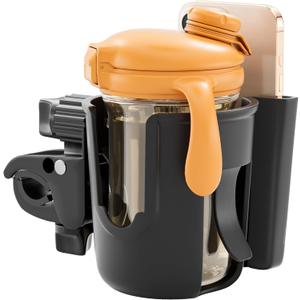 Li & Zhao Universal Stroller Cup Holder - 2-in-1 Wheelchair Cup Holder Adjustable Bike Drink Holder with Phone Holder Accessories for Rollator, Bike, Scooter, Walker(Black)