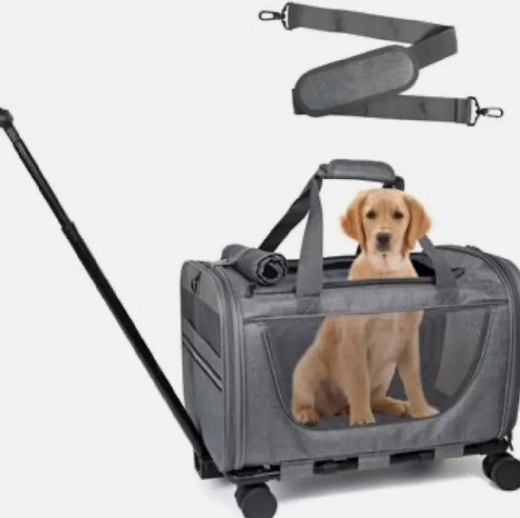 Cat Carrier with Wheels for Dogs, Telescopic Handle Pet Travel Bag,Trolley Rolling Carriers for Small Medium Animals Kitten Puppy, Gray