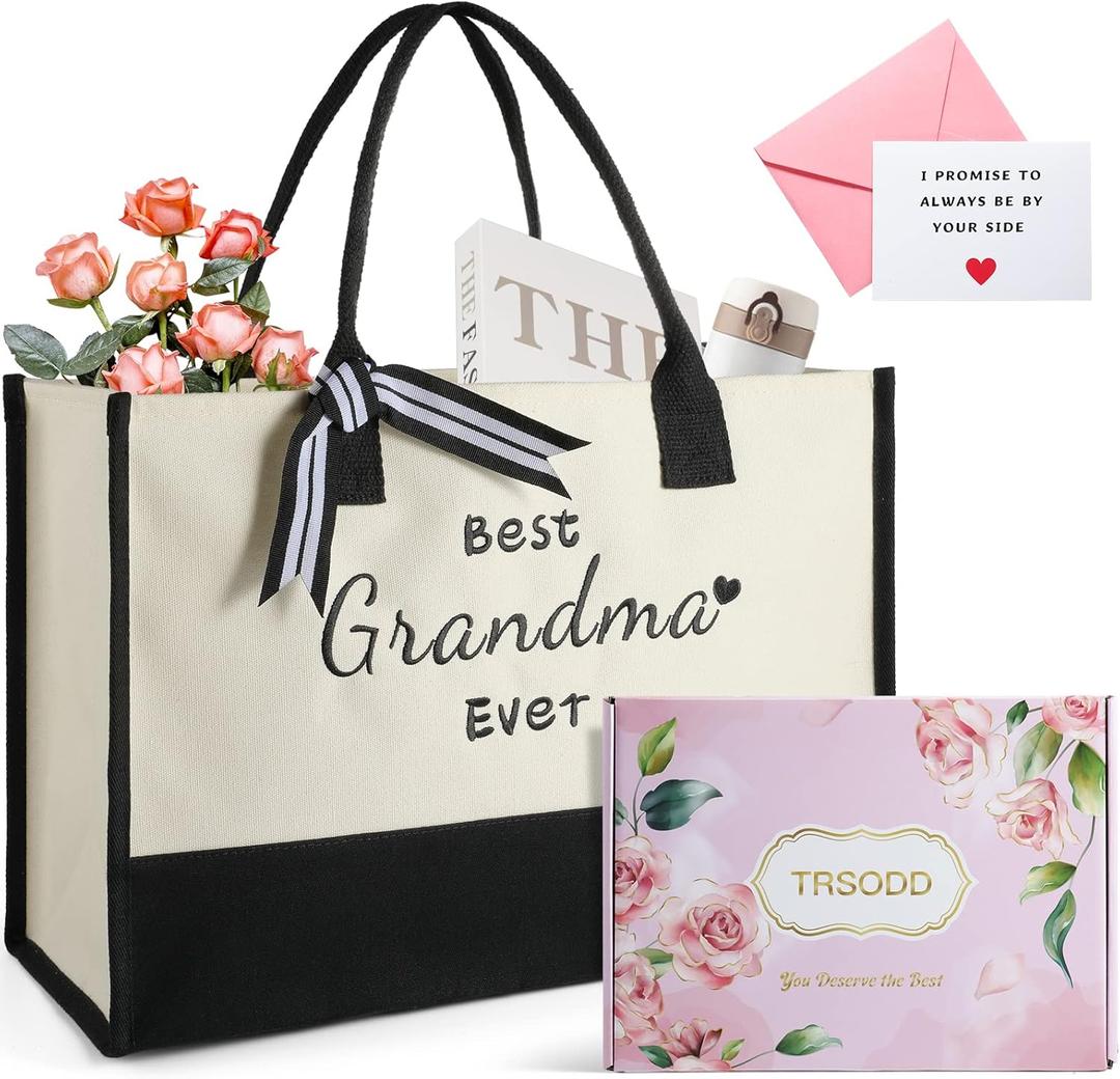 2 x TRSODD Mothers Day Gifts for Grandma Gigi Birthday Gifts for Women Canvas Embroidered Tote Bag and Makeup Bag (Best Grandma Ever-2)