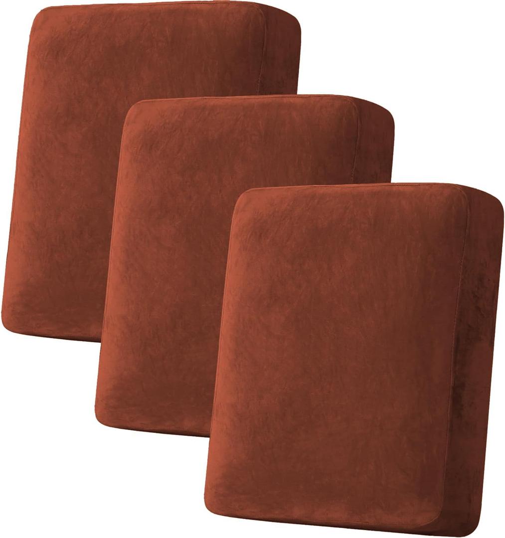 H.VERSAILTEX Velvet Stretch Couch Cushion Cover Plush Cushion Slipcover for Chair Loveseat Sofa Cushion Furniture Protector Seat Cushion Sofa Cover (3 Piece Sofa Cushion Covers, Rust), Size 24x24 inches