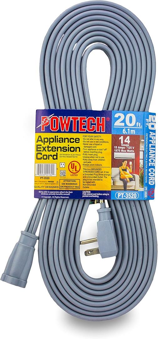 Heavy Duty 20 FT Air Conditioner and Major Appliance Extension Cord UL Listed 14 Gauge, 125V, 15 Amps, 1875 Watts Grounded 3-PRONGED Cord