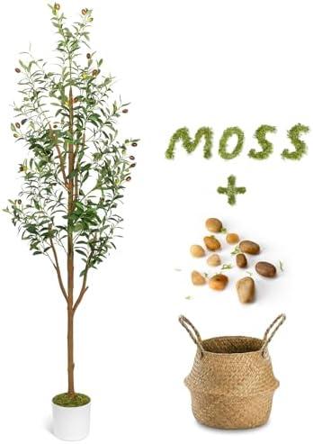 LuceAlberi 6FT Artificial Olive Tree - Indoor Tall Faux Olive Trees with Planter&Basket, Large Fake Olive Silk Tree Realistic Olive Plants with Branches and Fruits for Home Decor Office Living Room