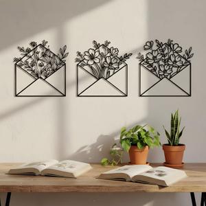3 Pcs Envelope Flower Wall Art Decor Black Metal Wall Sculpture Decor Hanging Iron Flowers Bedroom Bathroom Art Flower Line Sculpture Minimalist Decoration, 9.84 x 9.84 Inch