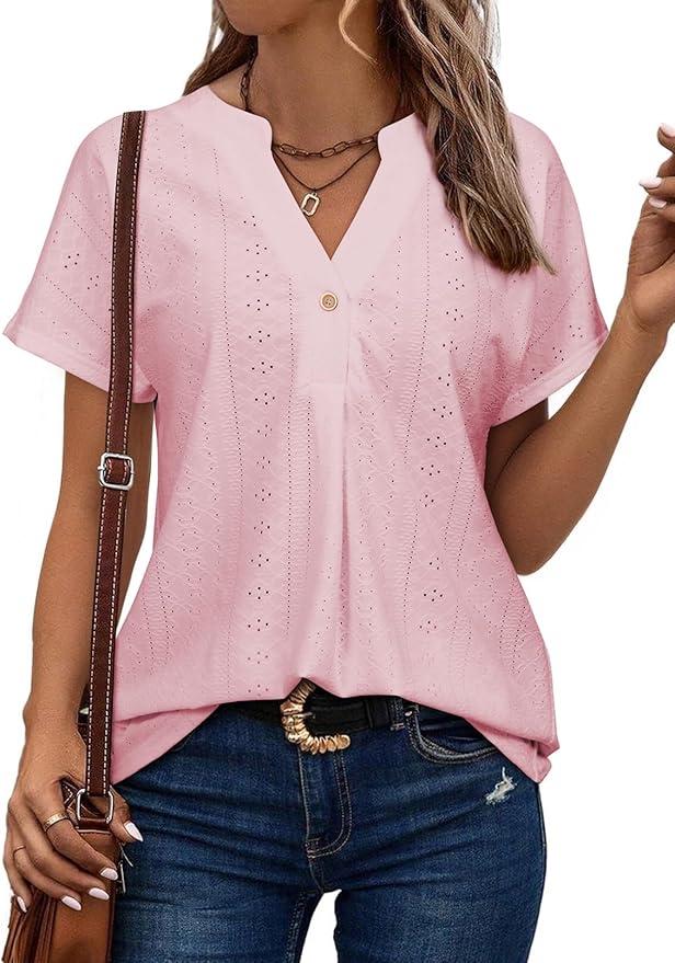 Astylish Womens V Neck Blouses Casual Short Sleeve Buttons Hollow Out Fashion Shirts Tops Dressy (Medium)