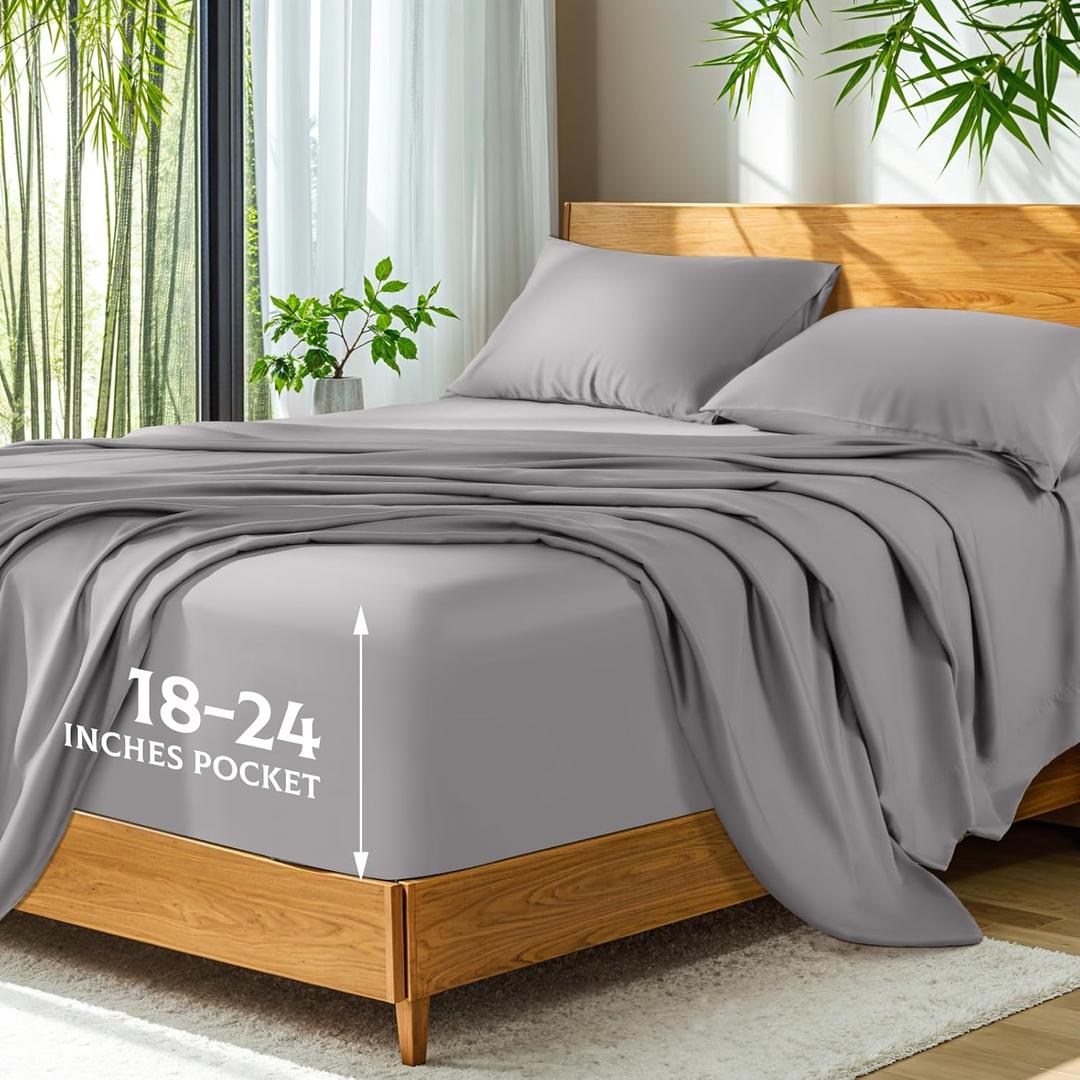 SONORO KATE 100% Viscose Derived from Bamboo, Extra Deep Pocket up to 18"-24", Ultra Soft & Cooling Sheets for Hot Sleepers, Hotel Luxury Silky Bed Sheets (Grey,Queen)