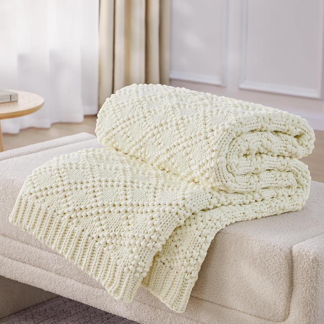 Knitted Weighted Blanket for Adult, Chunky Knit Weighted Throw for Sleep 60"*80" 17lbs, Cooling Breathable Machine Washable Heavy Blanket for Room Decor (Ivory White, Queen)