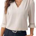 EVALESS Women's 3/4 Sleeve Tops Dressy Casual Pleated V Neck Business Work Blouses Office Shirts (Large, Beige)