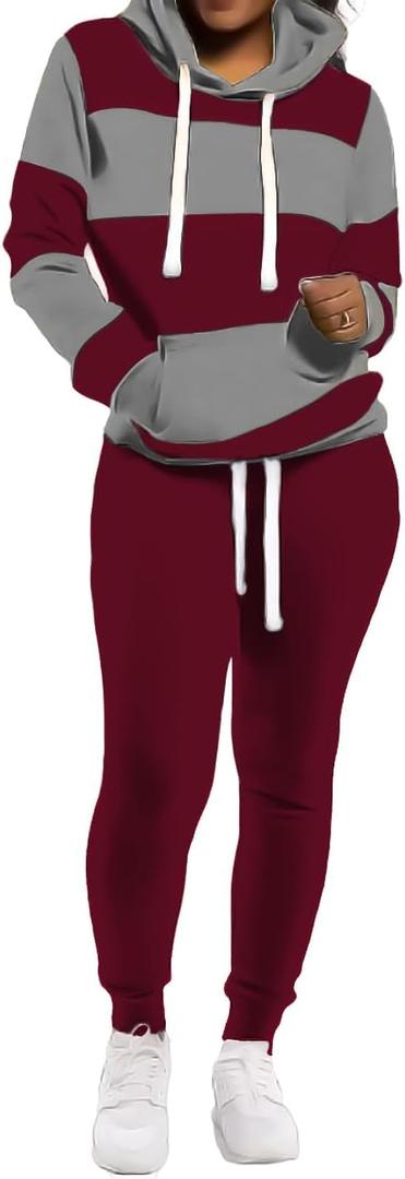 TOPONSKY Womens 2 Piece Tracksuit Long Sleeve Warm Up Outfit Patchwork Pants Set (Small, Na Wine Grey)
