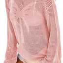 Dokotoo Womens Fashion 2026 Summer Crochet Hollow Out Long Sleeve Sweaters Casual Crewneck Pullover Shirt Beach Coverup (Large, Pink)