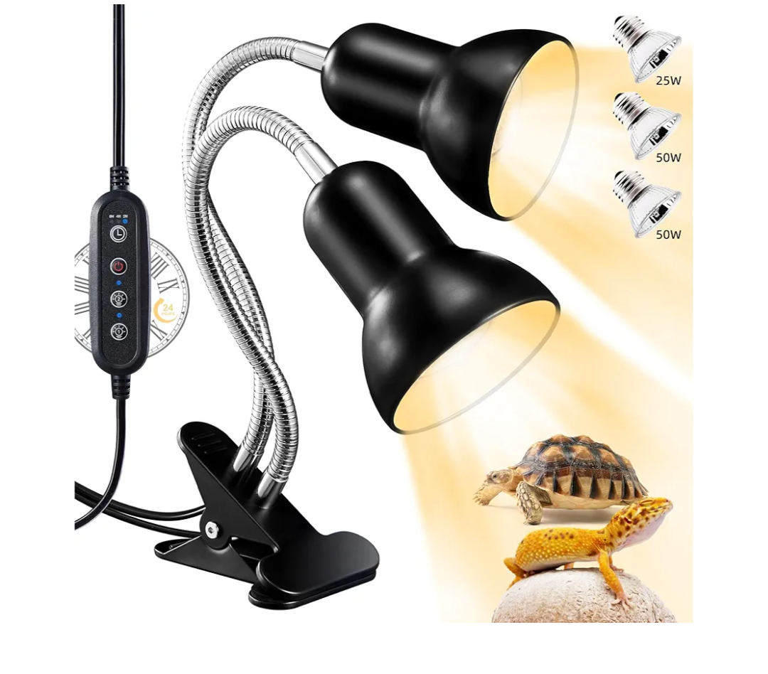NBIIUYIGE Reptile Heat Lamp, Turtle Lamp with Cycle Timer,DualHead UVA UVB, Heat Lamp for Lizard Reptiles,Bearded Dragon Hermit Crab Snake Turtle Basking Light, Separate Control Heat Lamp Bulb