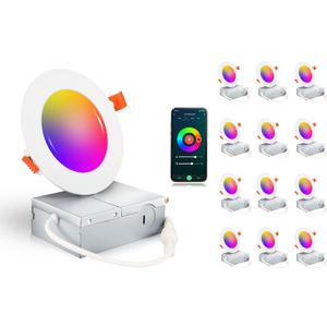 CLOUDY BAY [12 Pack] 4inch Smart WiFi LED Recessed Lighting,RGBCW Color Changing, Compatible with Alexa and Google Home Assistant, No Hub Required,10W 650LM, 2700K-6500K,CRI90+ Wet Location,12 Pack