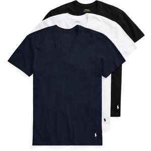 POLO RALPH LAUREN Men's Slim Fit Cotton V-Neck Tee, Cruise Navy/ White, White/ Cruise Navy, Polo Black/ White, Medium