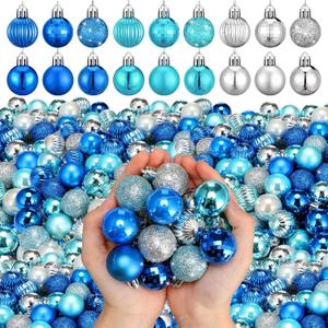 Shappy 216 Pcs Mini Christmas Ball Ornament 1.18 Christmas Tree Decorations 6 Styles Small Xmas Shatterproof Ball with Hanging Loop for Holiday Party Wreath Xmas Tree Decor (Silver, Blue)