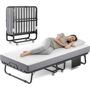 Folding Bed with Memory Foam Mattress, 75" x 31" Cot Size Portable Foldable Bed with Movable Wheels, Space-Saving Sturdy Metal Frame, Twin Rollaway Bed for Adults for Guest Room, Apartment, Camping