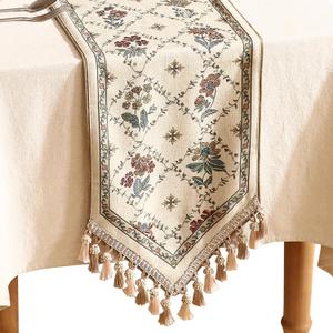 patdrea Designer Vintage Floral Linen Table Runner 87 Inch Long, Beige Cottage Rustic Bouquets Pattern Table Mat,Decor for Kitchen Dining Coffee Table Shelf Cabinet Banquet Christmas ,12"*87"
